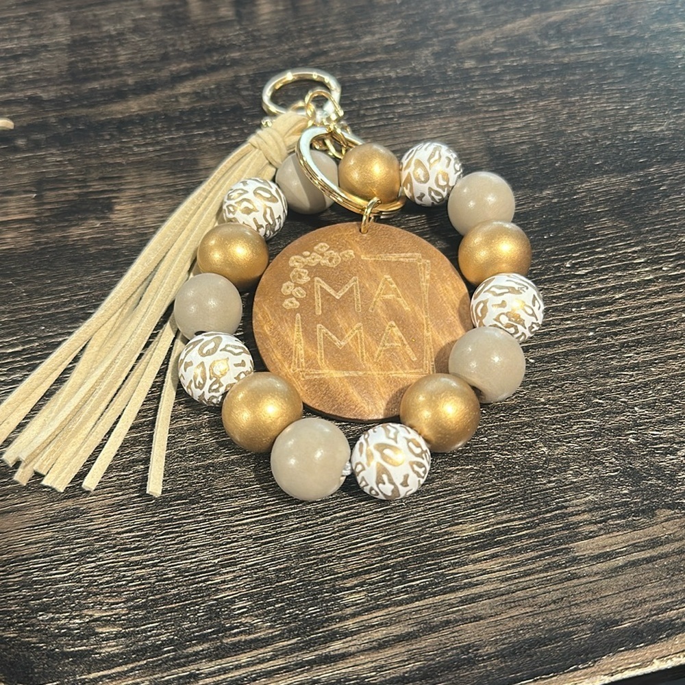 Mama Wooden Beaded Bracelet Keychain with Tassel & Thick Charm Golden & Grey